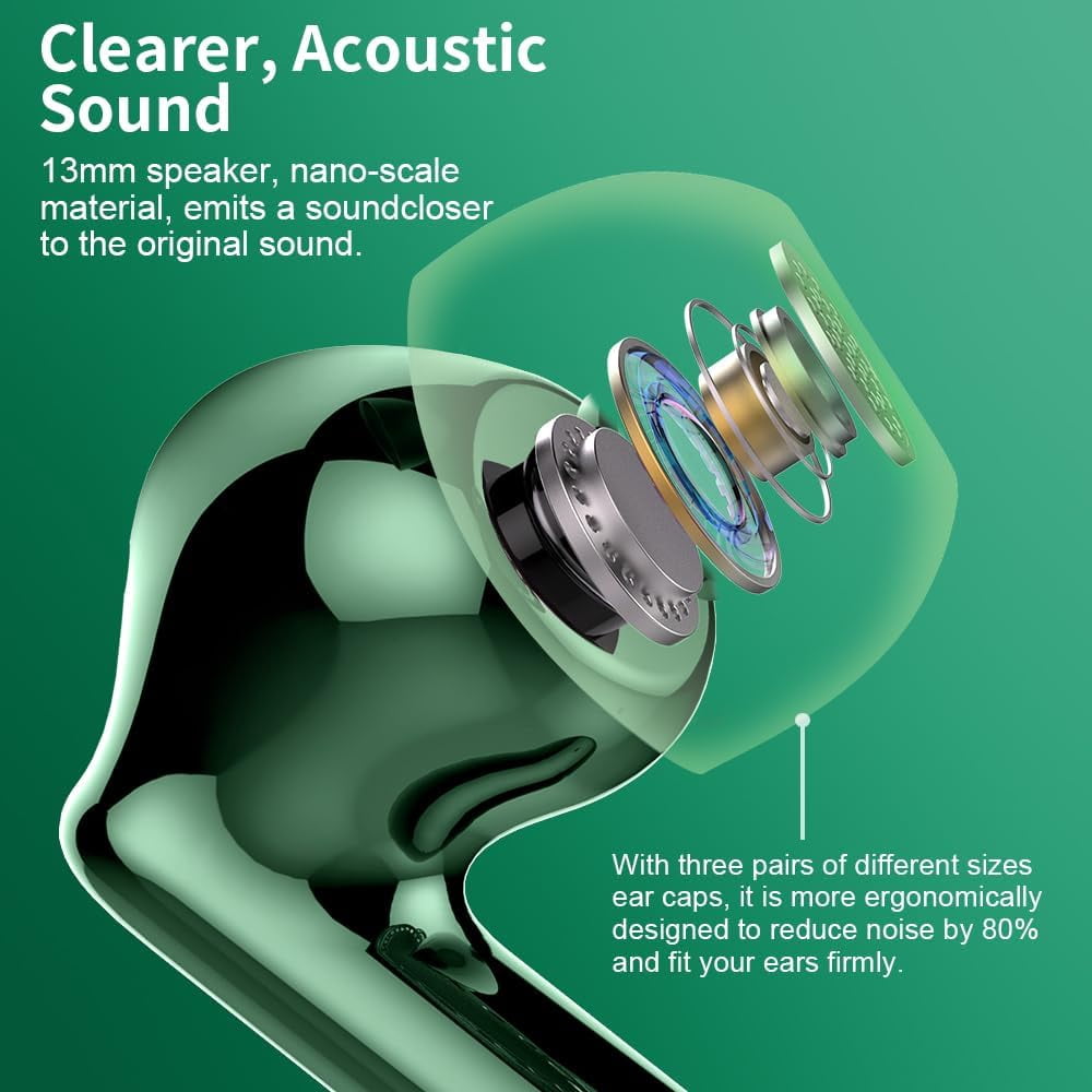 Wireless Earbuds, Bluetooth Headphones 5.4 HiFi Stereo, Wireless Earphones with ENC Noise Cancelling Mic, IP7 Waterproof in Ear Wireless Headphones, LED Digital Display Ear Buds, Touch Control, green
