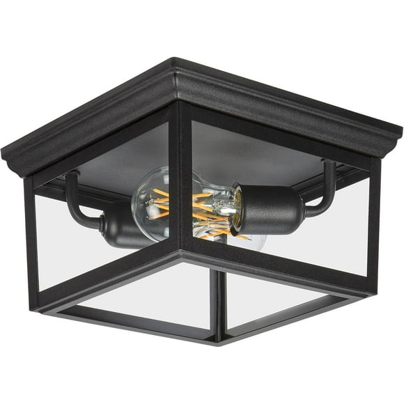 9 in. Outdoor/Indoor Flush Mount Ceiling Light Fixture, Black w/Clear Glass, 2-Light Square Farmhouse Porch or Patio Light, Close to Ceiling Entryway Outdoor Light, Bulbs Not Included