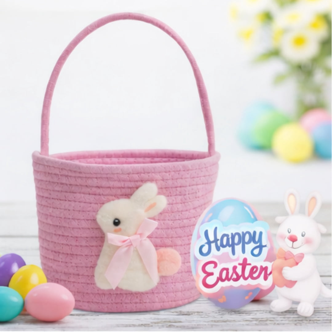 Easter Bunny Basket for Kids, Pink Easter Egg Hunt Basket with Handle, Cute Easter Candy Basket for Easter Gifts and Holiday Decorations