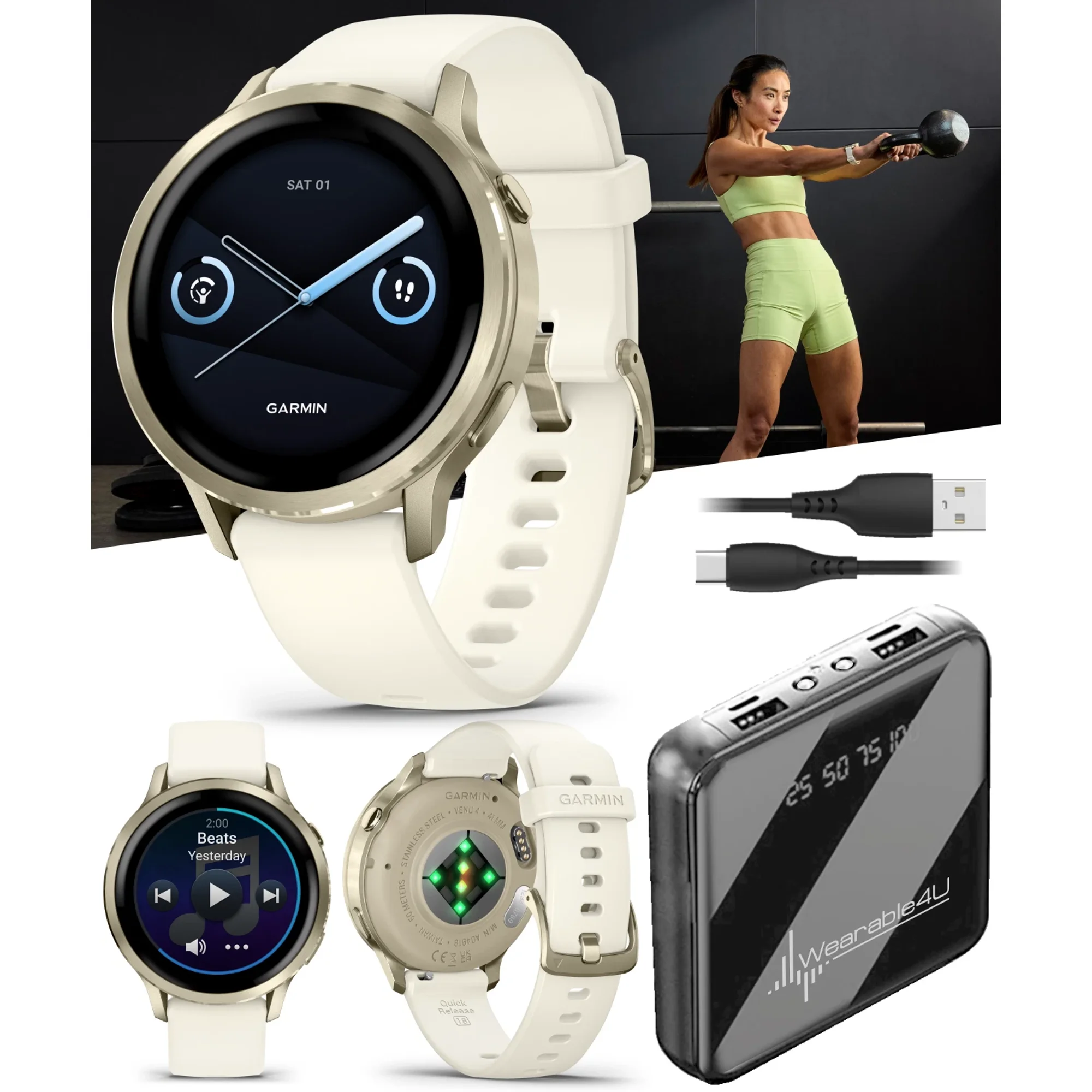 Garmin Venu 4 - 41mm AMOLED Advanced Health & Fitness GPS Smartwatch, Bright & Colorful Display, Flashlight, Up to 10 Days, Lunar Gold w/Bone Silicone Band w/Wearable4U PowerBank Bundle