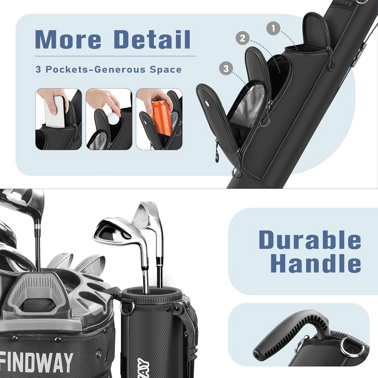 Findway Golf Stand Bag Lightweight Sunday Carry Bag with 3 Pockets for Driving Range Par 3 Executive Courses