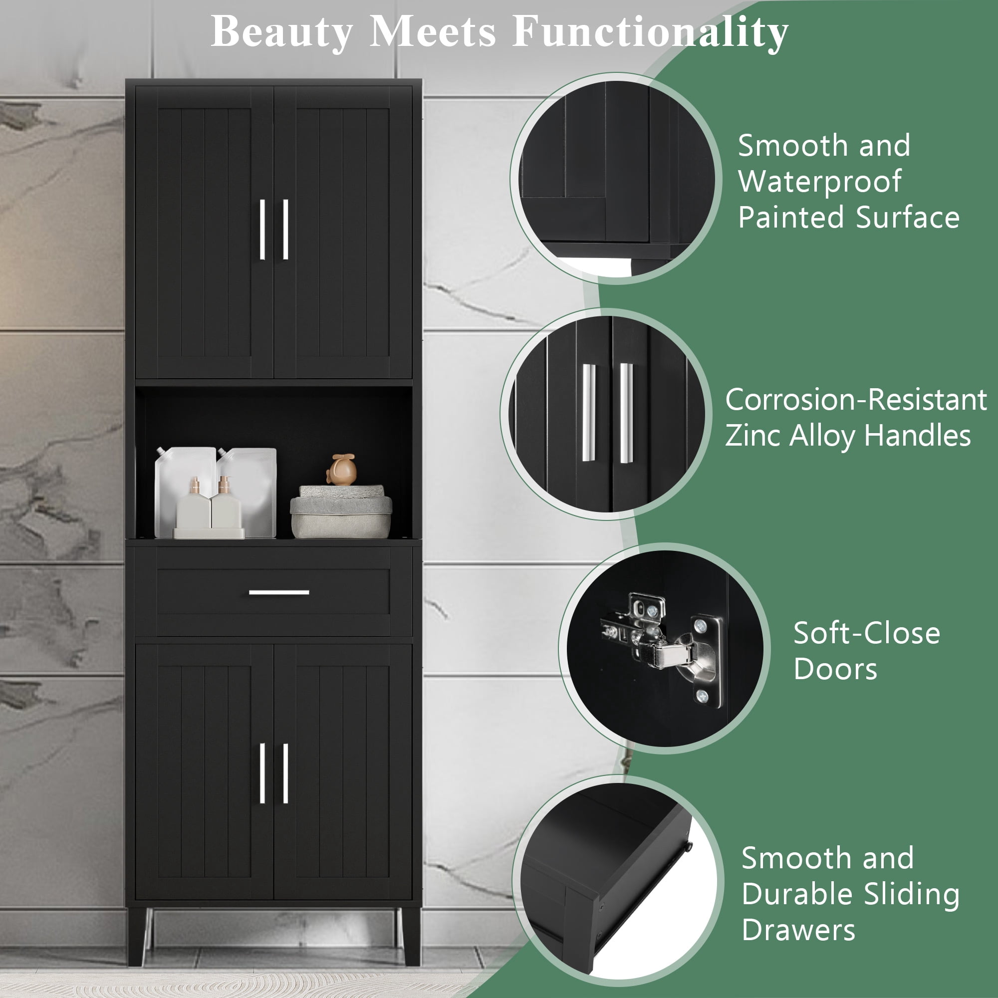 Pusnapku 70" Tall Storage Cabinet, Wood Pantry Cabinet with 4 Doors, Drawer, Adjustable Shelves, Narrow Bathroom Closet for Kitchen, Laundry Room