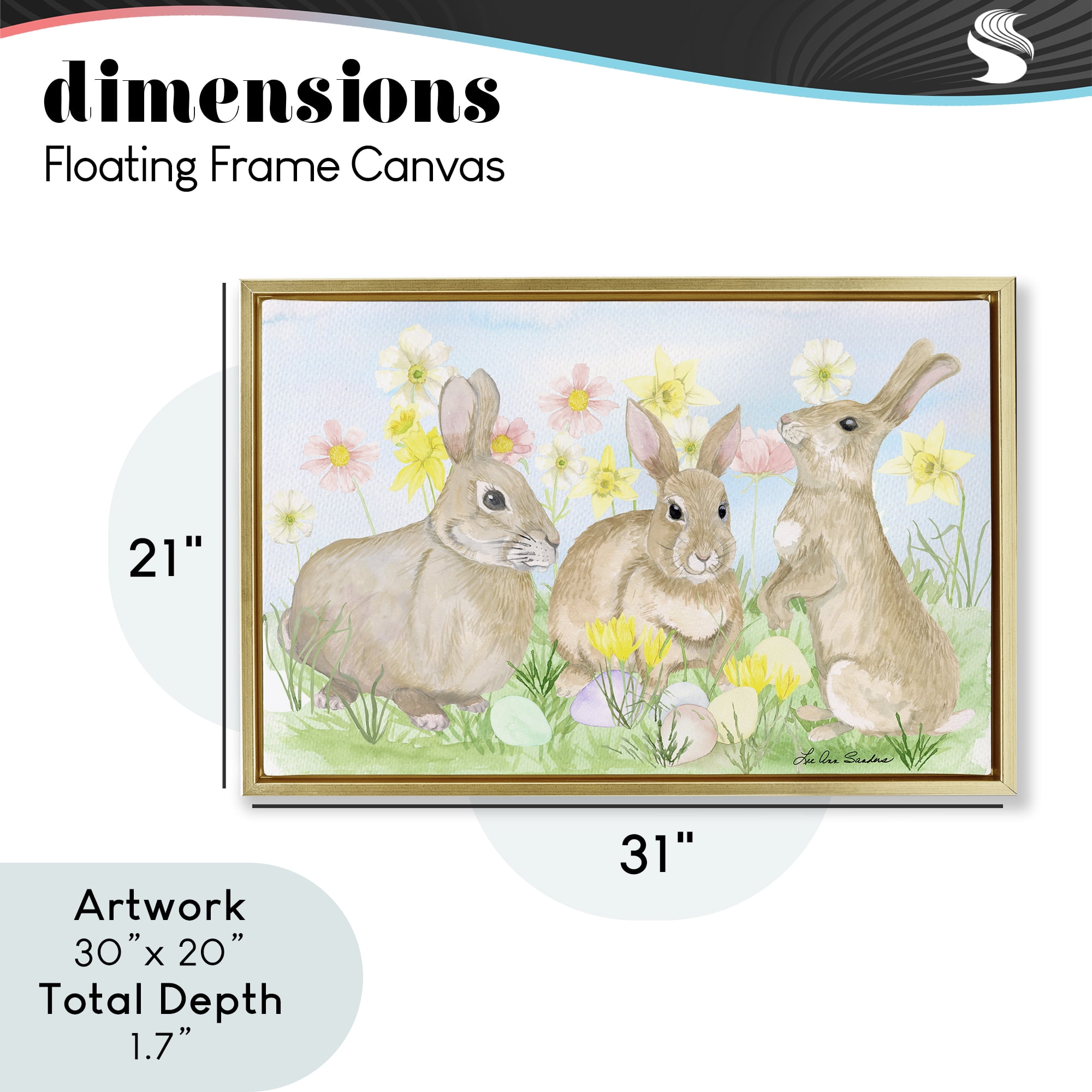 Three Bunnies In The Grass Gold Framed Floater Canvas Wall Art, design by Lee Ann Sanders