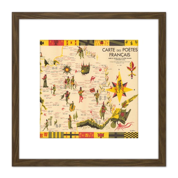 Map Gattaz 1928 French Poets Pictorial 8X8 Inch Square Wooden Framed Wall Art Print Picture with Mount