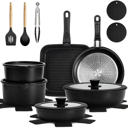22 Pcs Pots and Pans Set Non Stick, Detachable Handle Cookware Sets Nonstick, Non Toxic Induction RV Kitchen Cooking Set with Removable Handles, Dishwasher/Oven Safe (Black)