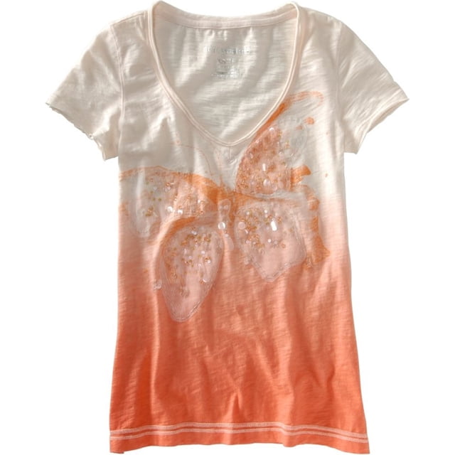Aeropostale Sequence Butterfly playera gráfica con cuello en V para mujer, naranja, extragrande