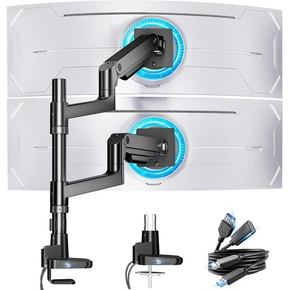ARES WING Vertical Dual Monitor Arm With USB for 17-49 inch Ultrawide Monitor Gas Spring Curved Screen Stand Heavy Duty Black
