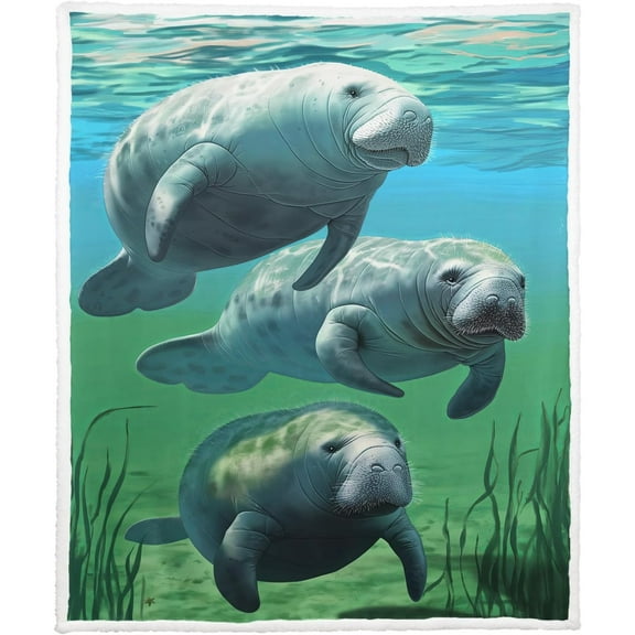50" x 60"Animal Print Fleece Throw Blankets for Couch Sofa Bed, Manatee Family Sherpa Blanket, Super Soft Warm and Lightweight