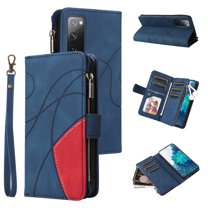 Zipper Wallet Case for Samsung Galaxy S20 FE Large Capacity Card Slots Holder Magnetic Clasp Cover, Luxury PU Leather Anti-Shock Flip Folio Case with Kickstand Wrist Strap Handbag Protective Case,Blue