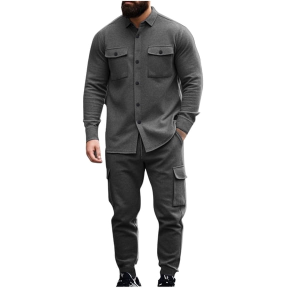 Ahabrexf Suits for Men, Casual Solid Color Sports Button Pocket Lapel Cardigan and Leg Tie Pants Set