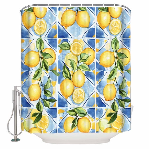 54x78 Inch Shower Curtain Decorative Watercolor Lemon Bathtub Bath Curtains Fabric Waterproof Bathroom Decor Botanical Leaves Country Blue Small Stall Shower Curtain Set with 12 Hooks