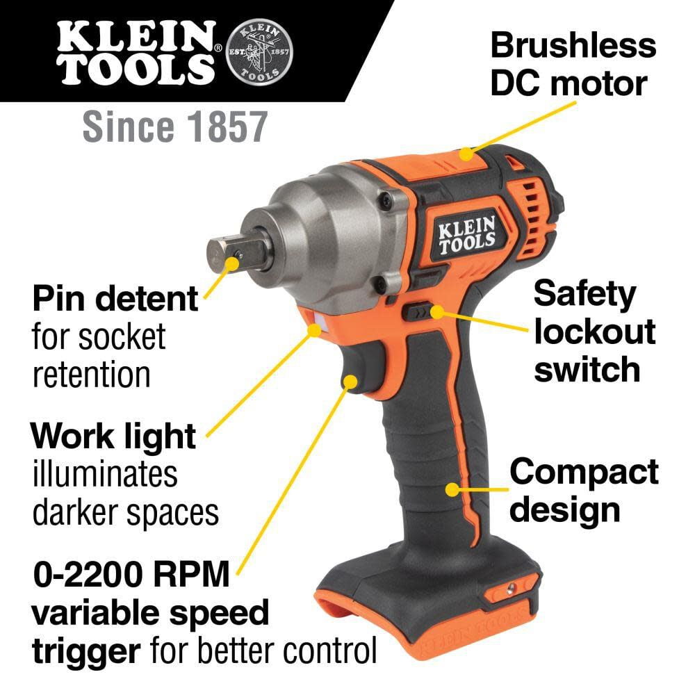 Klein Tools BAT20CW 20V Brushless Lithium-Ion 1/2 in. Cordless Compact Impact Wrench with Detent Pin (Tool Only)