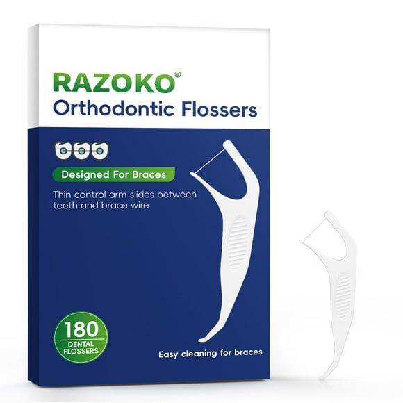 RAZOKO Orthodontic Flossers for Braces, Ortho Dental Floss Picks for Adults & Kids, Premium Thin Floss,Designed for Braces, Unflavored (180Count)
