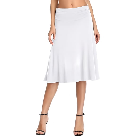 LWavelet Ruched Waist A-Line Midi Skirt Women Office Casual Flowy Stylish Versatile Bottoms White S