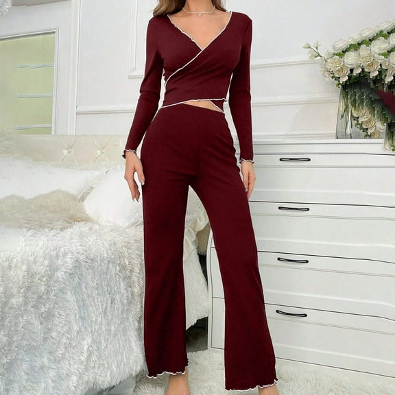 lmcalzta Lounge Sets for Women Long Sleeve Sexy Pajamas Set 2 Piece Outfits Tops and Pants Sleepwear Homewear