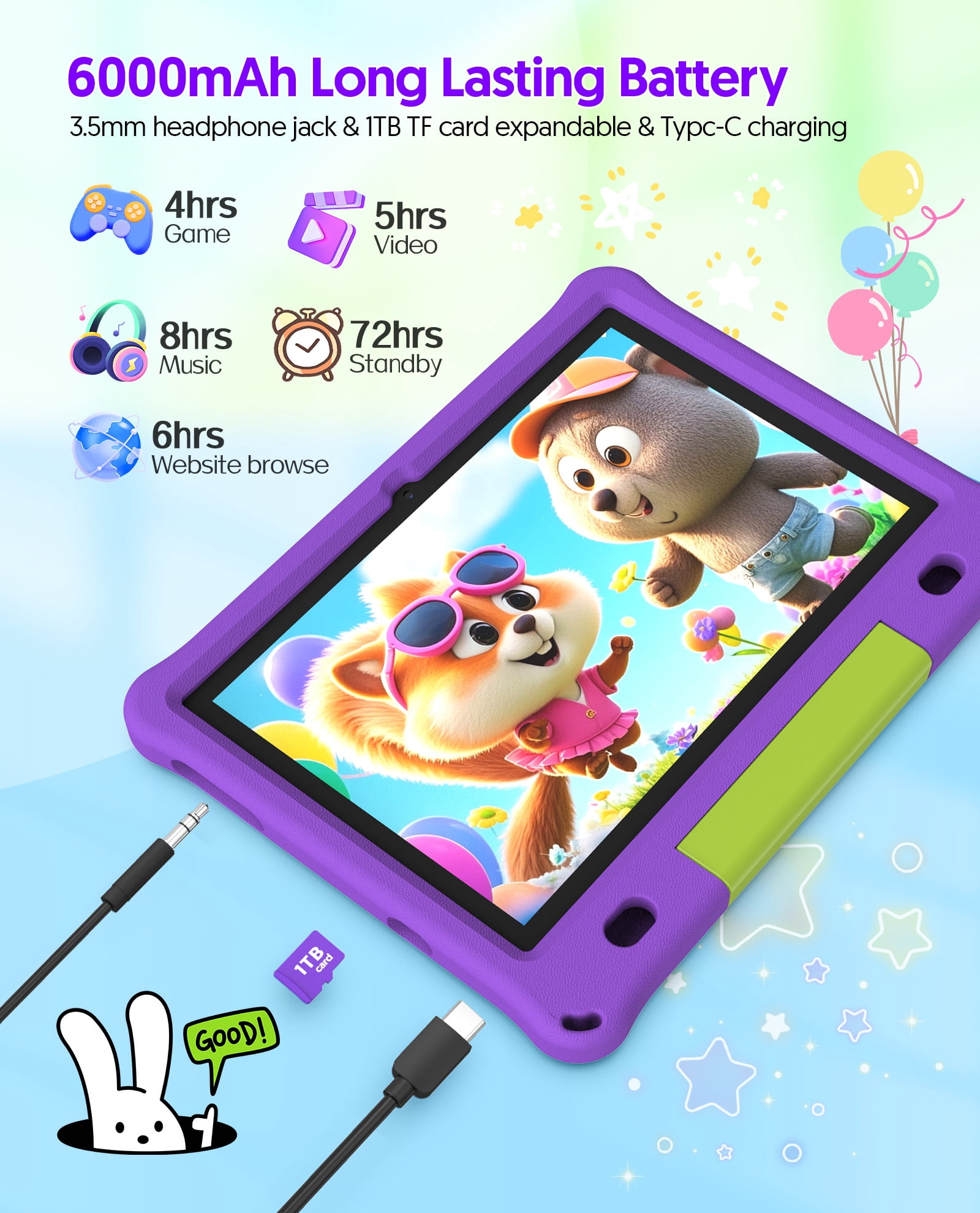 FITIFUN 10.1 inch Kids Tablet Android 15, 3GB RAM 64GB ROM 1TB Expand, Quad-Core, 5G/2.4G WiFi, 6000mAh, HD Display, Parental Control, Purple