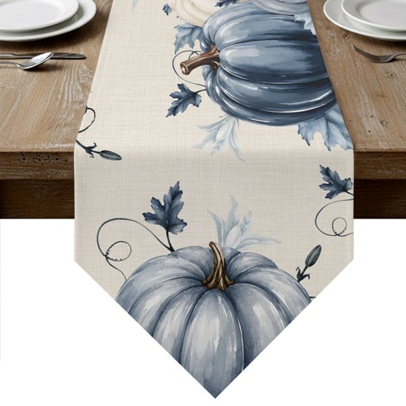 Navy Blue Pumpkins Fall Table Runner Linen Burlap Table Runner 90 Inches Long Thanksgiving Rustic Leaves Pastoral Dresser Scarves for Kitchen Island Coffee Dining Room Party Holiday Decor 13"x90"