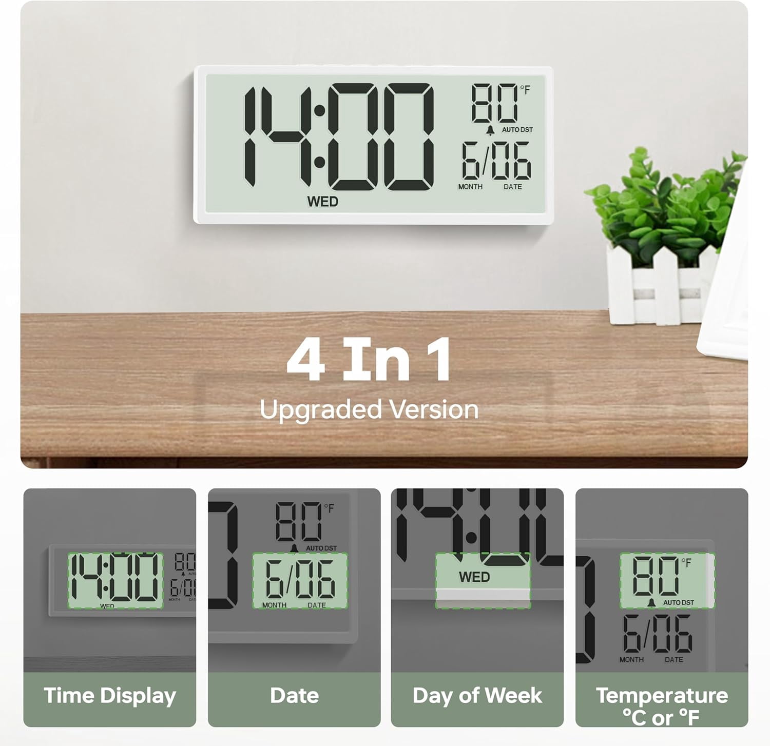 LEIKE 15" Digital Wall Clock Battery Operated Large Display with Date and Day of Week, Large Number with Temperature, Auto DST, Alarm, Snooze, 12/24H for Desk Office