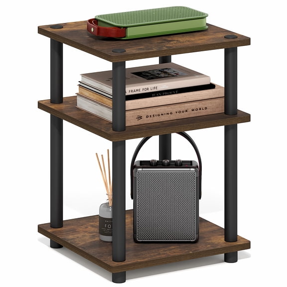 Furinno Turn-N-Tube Toolless Assembly Side Table, Rustic Brown 3-Tier End Table, Night Stand, Bedside Table for Living Room, Bedroom, Home Office, Amber Oak/Black