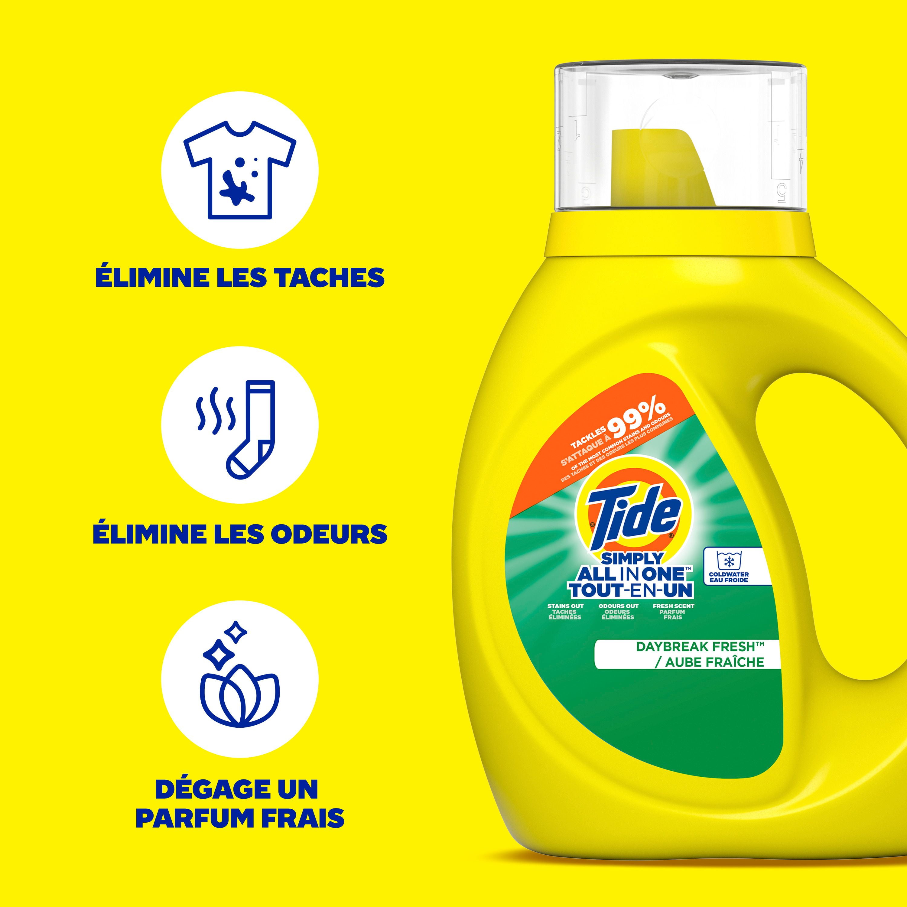 Détergent à lessive liquide Tide Simply Tout-en-un, parfum Aube fraîche, 24 brassées, 946 mL