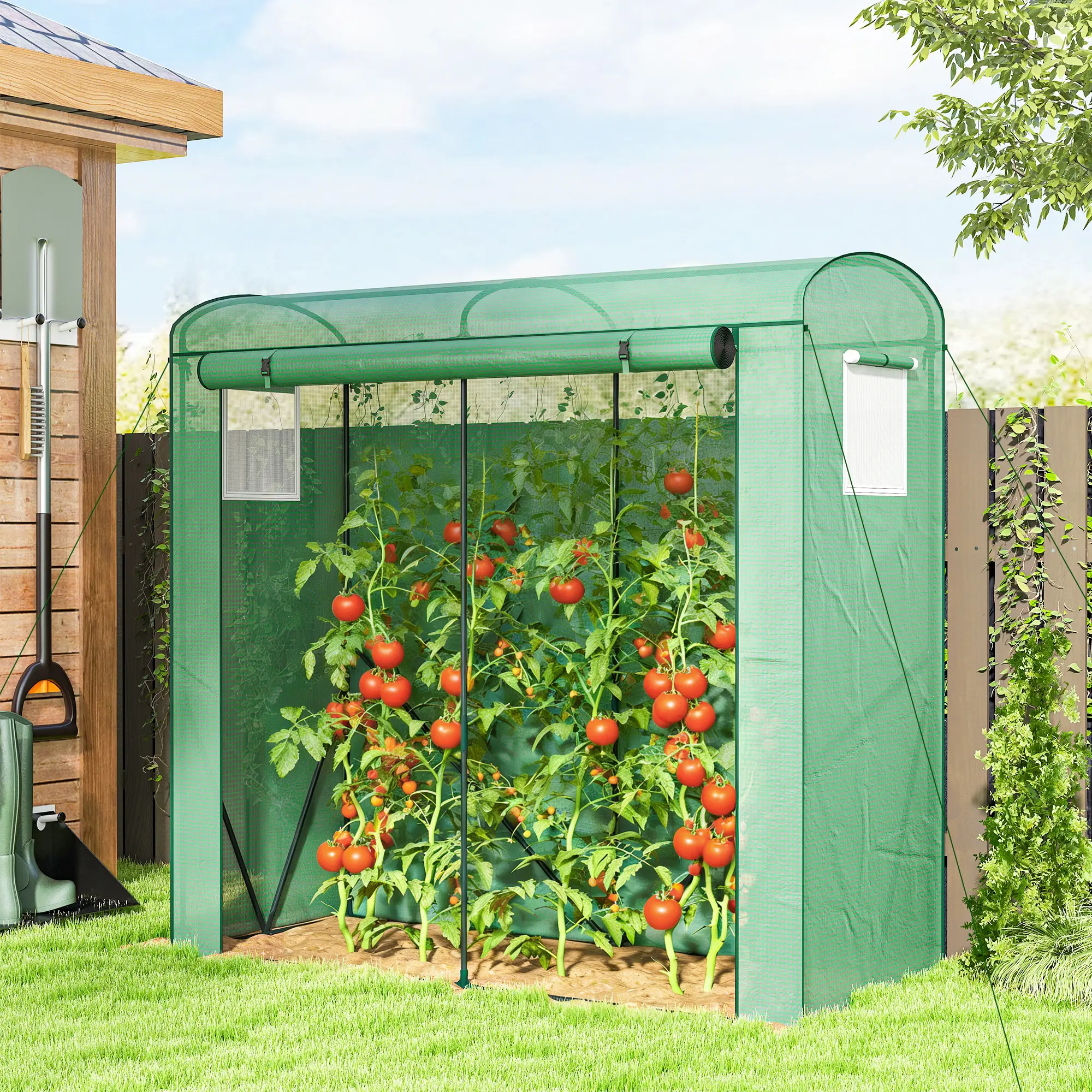 Walk-in Greenhouse with 140gsm PE Cover, Roll-Up Door & Mesh Windows, Powder-Coated Steel Frame, Windproof Level 4 for Outdoor Plants