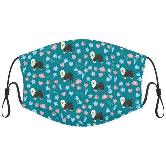 Cute Old English Sheepdog Dog Graphic Printed Cloth Face Masks Reusable Washable Adjustable for Adults (5 PCS)