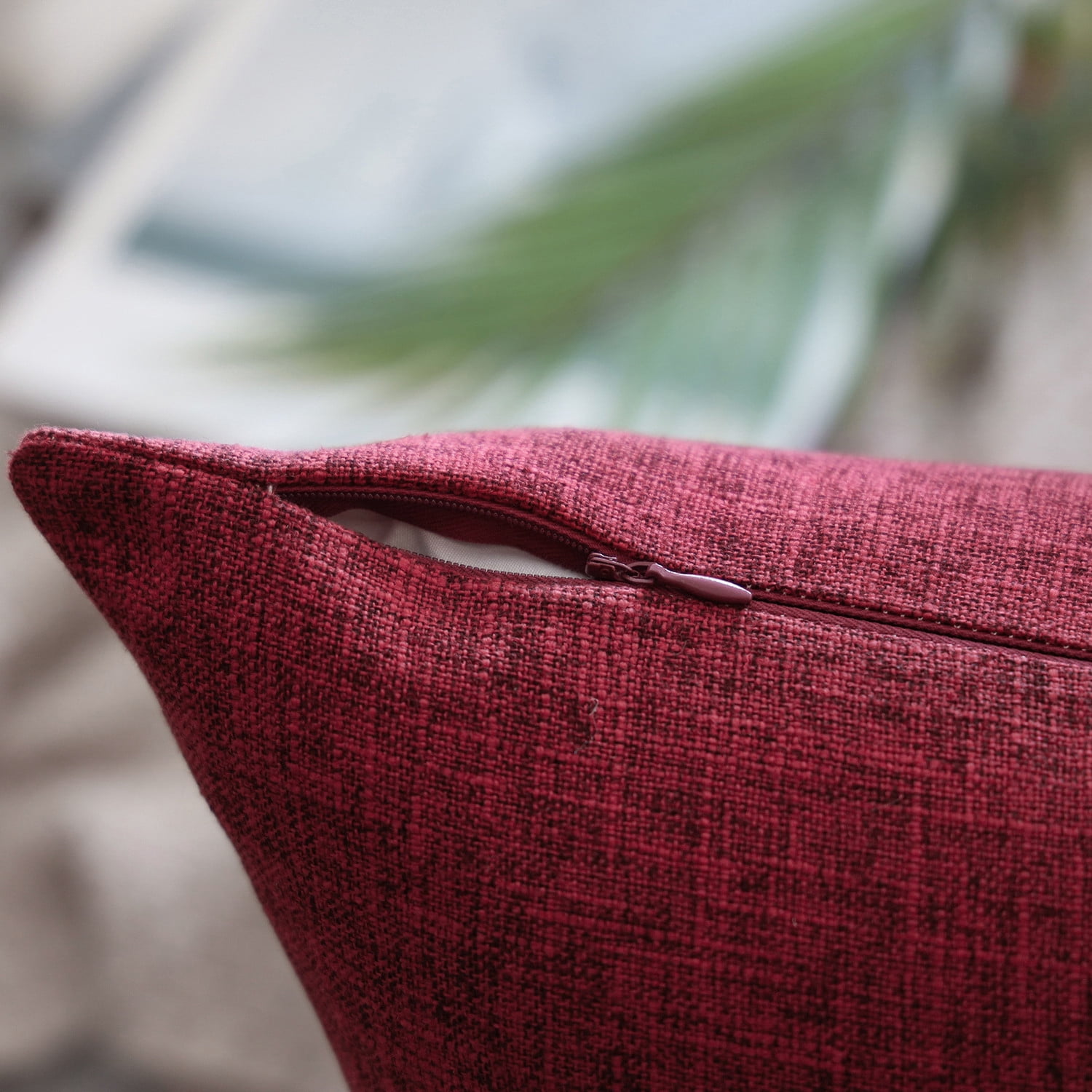 Phantoscope Textural Faux Linen Series Square Decorative Throw Pillow Cusion for Couch, 12" x 20", Rose Red, 2 Pack