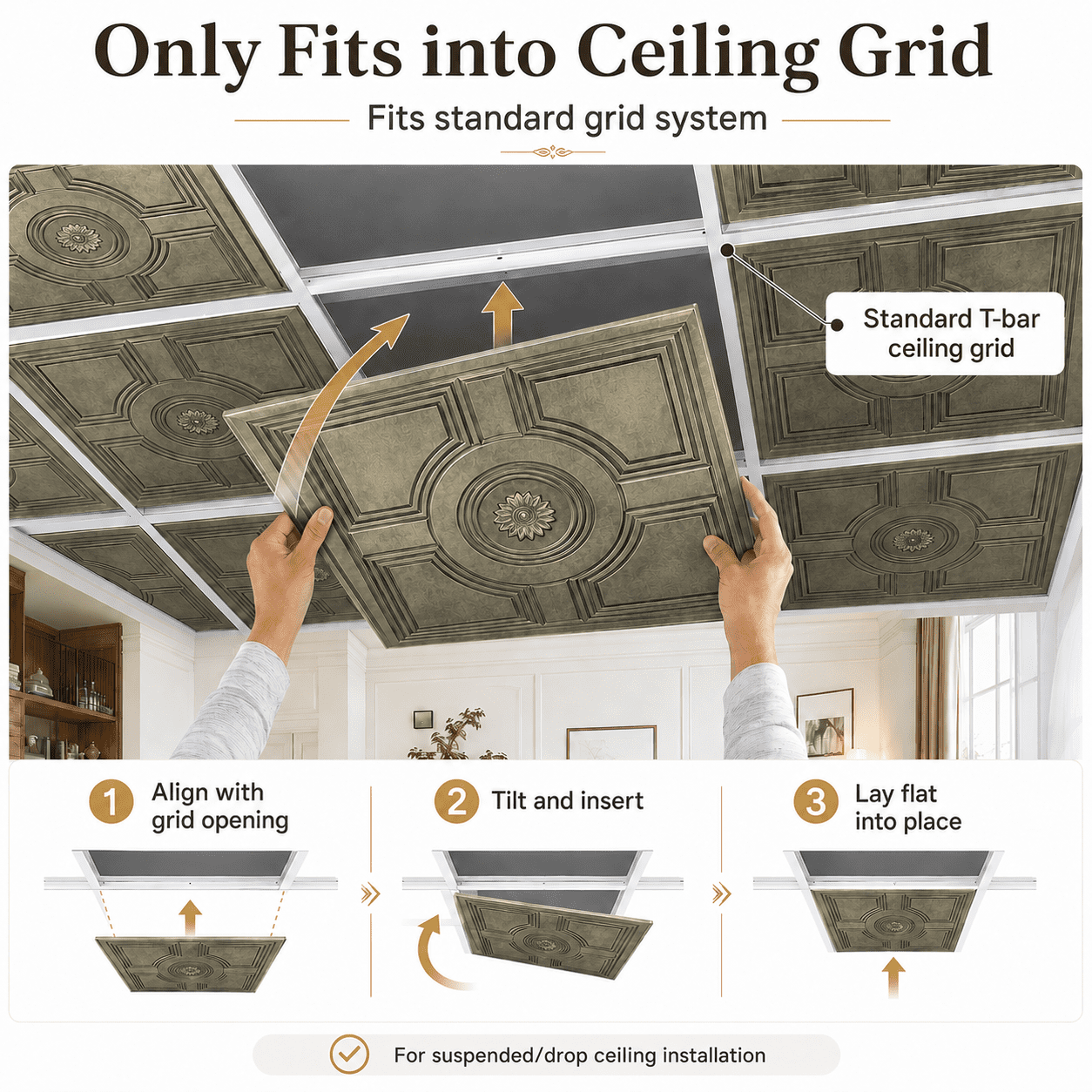 Yeslife 12-Pack Decorative Tiles, 2 x 2 ft, Antique Gold Embossed, Waterproof Drop-in Panels for Ceiling, 48 sq ft