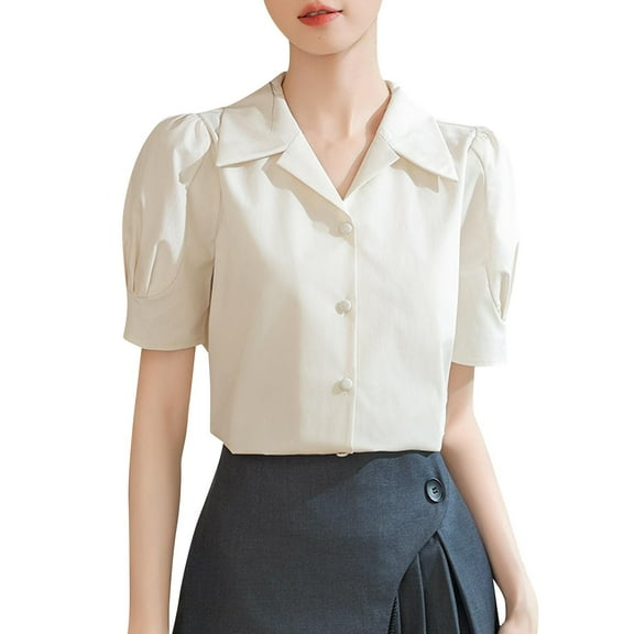 Women's Button Down Lapel Blouse Tops Short Puff Sleeve Collared Shirts Business Casual Solid Color Tops