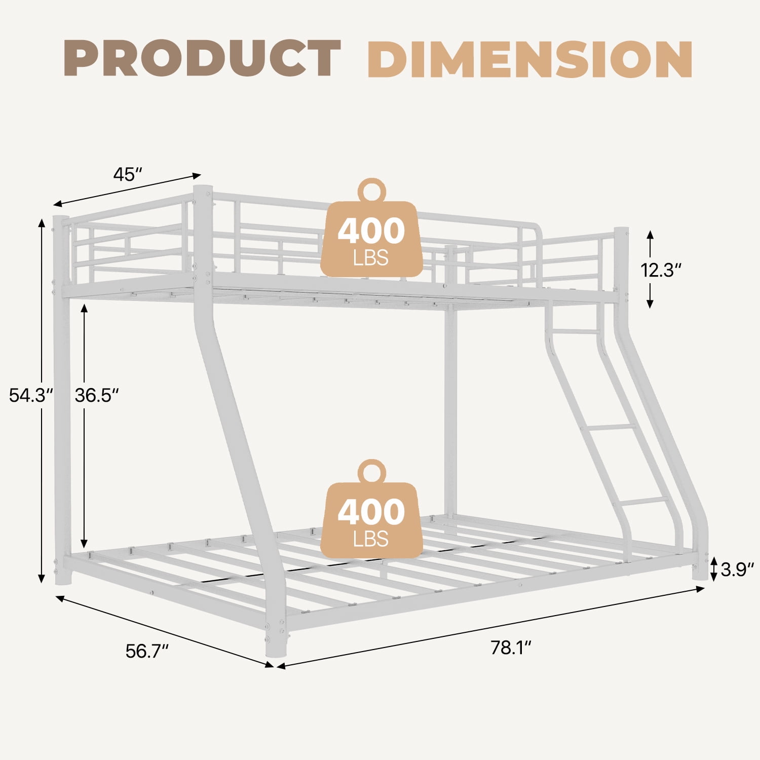 BaPiPro Metal Bunk Bed Twin Over Full Size with Removable Stairs, Heavy Duty Metal Frame for Teens & Adults, No Box Spring Needed, White