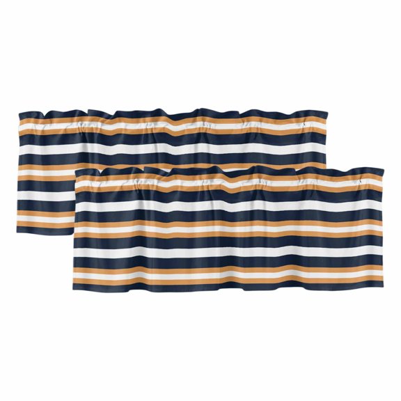 Orange Navy Blue Striped Valances for Windows, Decorative Rod Pocket Window Valance Curtains, Minimalist Farmhouse Lines Short Curtain Drapes for Kitchen/Bathroom/Living Room, 2 Panels, 42" W x 18" L