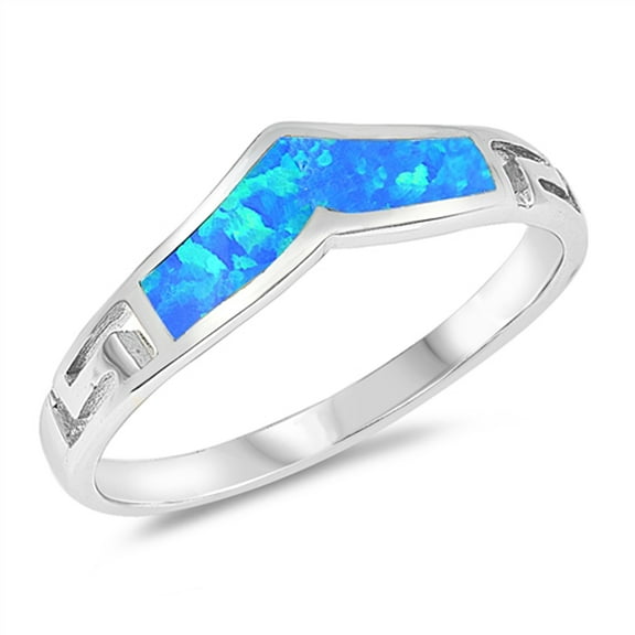 CHOOSE YOUR COLOR Blue Simulated Opal Greek Key Chevron Pointed V Ring Sterling Silver Band CZ Female Size 6