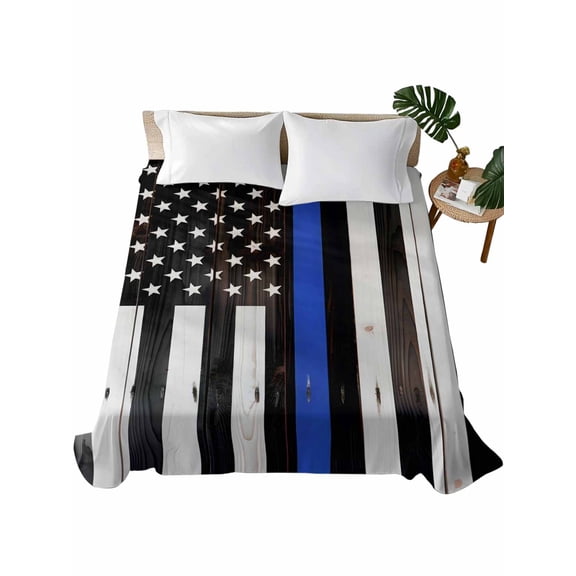 King Size Flat Sheet Only, Blue American Flag Soft Brushed Microfiber Bed Sheets, Black White Stripe US Flag Retro Wooden Hotel Quality Breathable Bedding Top Sheet, Easy Care, 105"x98"
