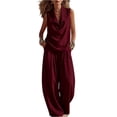 thumbnail image 3 of Women's Sleeveless Lapel Neck Two Piece Set, Casual Cowl Neck Vest Top and Wide Leg Pants Lounge Set, Summer Flowy Loose Fit Matching Outfits, Fashion Solid Color Jumpsuit Alternative Wine XL, 3 of 6