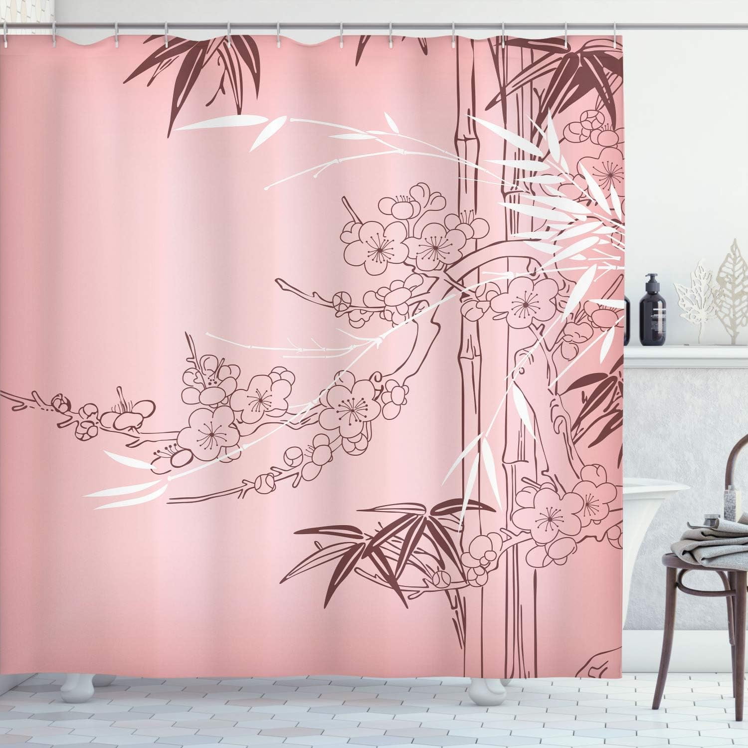 JOOCAR Bamboo Print Shower Curtain, Stems Branches Flowers Illustration