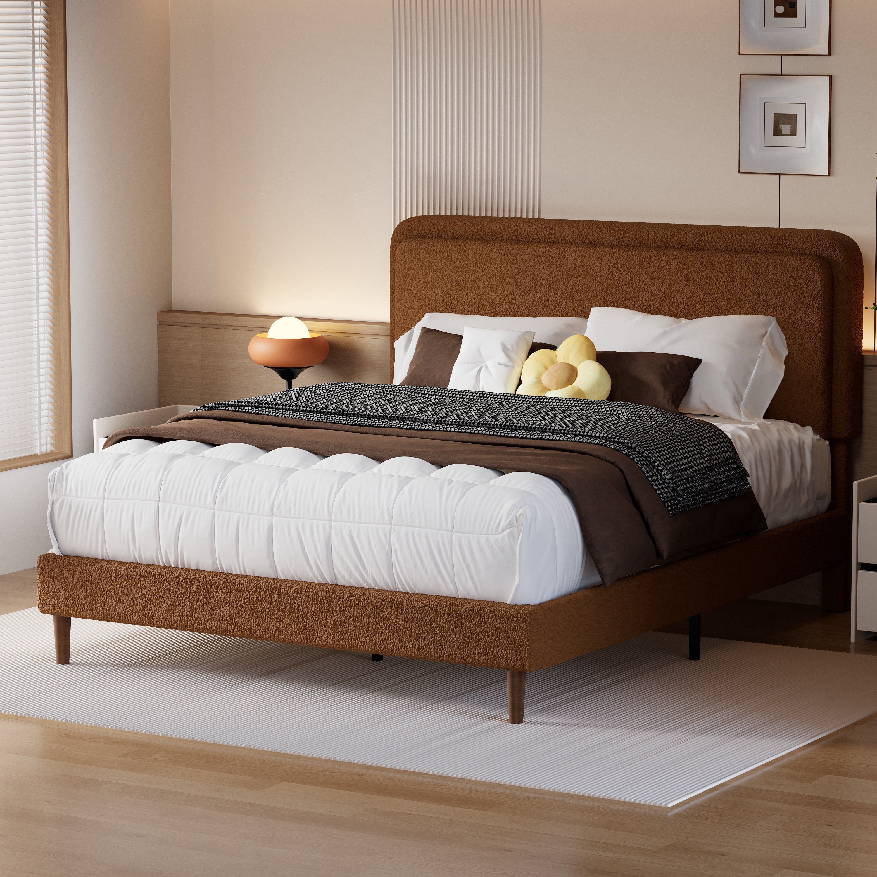 Frostbloom Queen Bed Frame with Boucle Adjustable Headboard, Cloud Style Upholstered Platform Bed, Brown