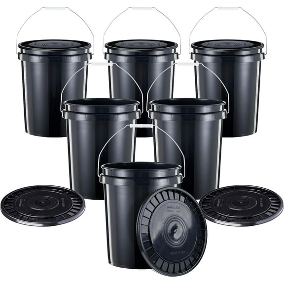 g 5-Gallon Heavy-Duty Buckets with Snap-On Lids, 6-Pack – BPA-Free, Food-Grade Plastic, Multi-Purpose Storage for Home, DIY, and Job Sites – Black