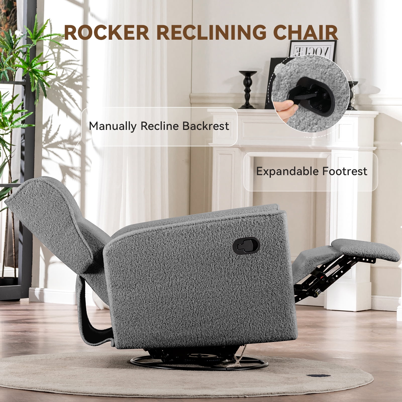 COMHOMA Nursery Rocking Chair Teddy Upholstered Swivel Rocker Recliner Manual Glider Reclining Chair for Living Room Bedroom Offices,Grey