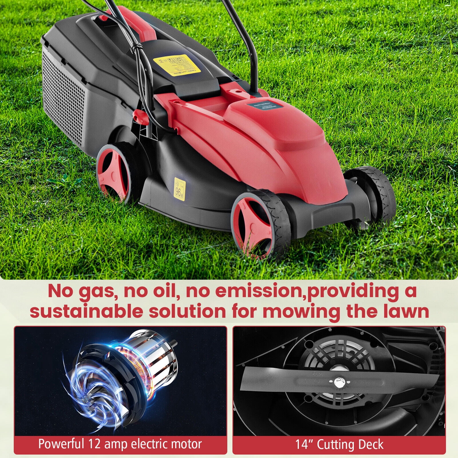 Amijoy Electric Corded Lawn Mower 12-AMP 14-Inch Walk-Behind Lawnmower w/Collection Box