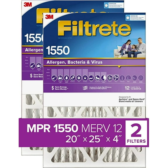 Filtrete 20x25x4, AC Furnace Air Filter, MPR 1550 DP, Healthy Living Ultra Allergen Deep Pleat, 2-Pack, Fits Lennox & Honeywell Devices exact dimensions 19.88 x 24.63 x 4.31