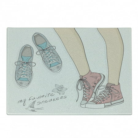 

Teen Room Cutting Board Pair of Shoes in Young Girl Feet with Floral Feminine Fashion Pattern Decorative Tempered Glass Cutting and Serving Board Small Size Peach Pale Pink Mint by Ambesonne
