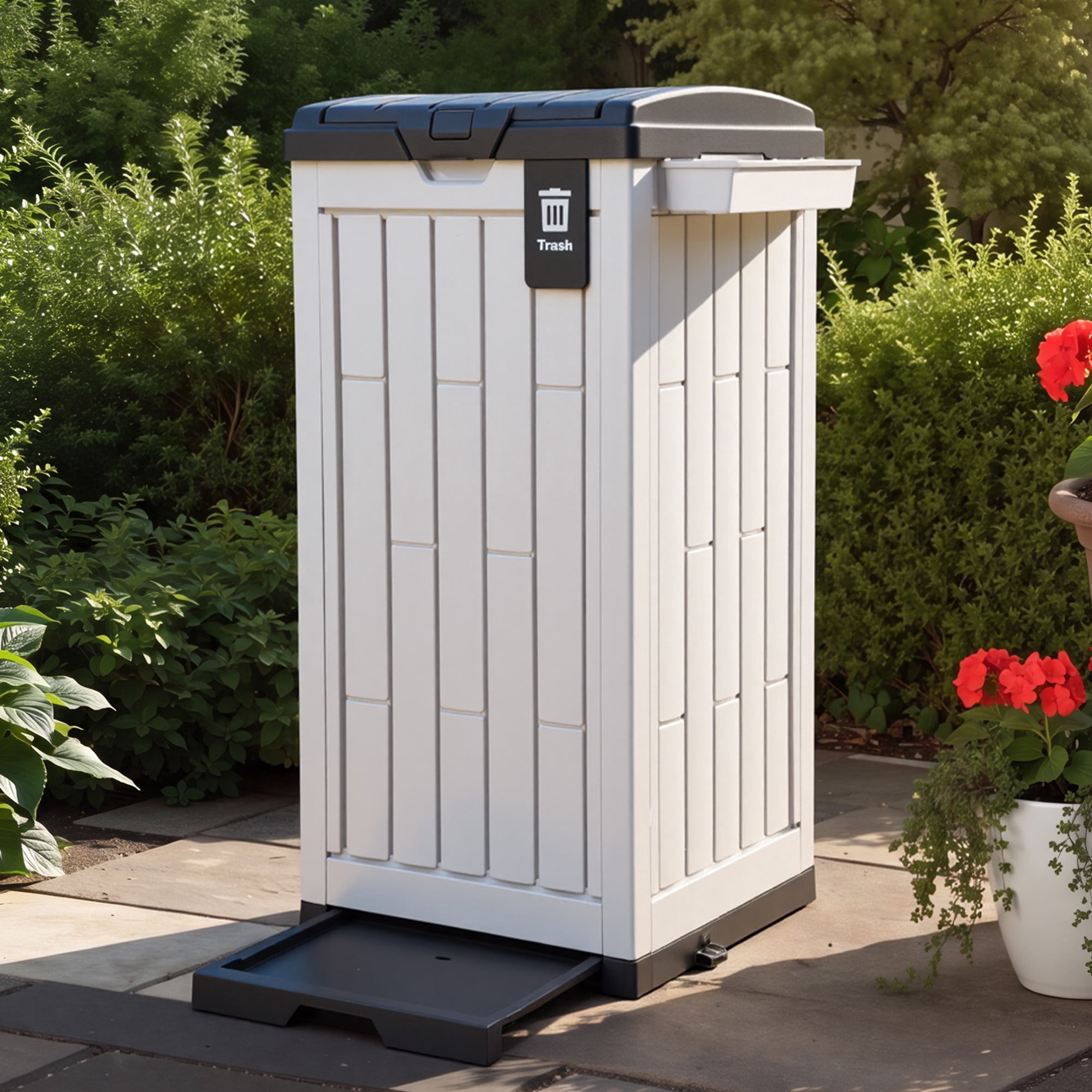 Uforic 38 Gallon Outdoor Trash Can Set of 2, Resin Garbage Bins with Lid, Sorting Labels, Ash Holder, Stakes & Suction Cups for Patio Backyard Garden, White
