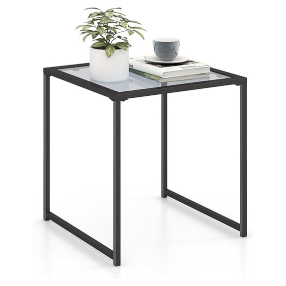 17” Patio Side Table, Modern End Table with Tempered Glass & Metal Frame - Square Coffee Table for Living Room, Bedroom, Balcony - Black & Grey