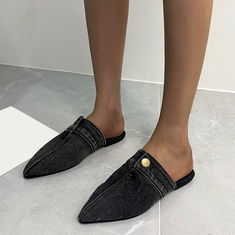 FZM Women shoes Ladies Fashion Solid Color Denim Half Slippers Pointed Toe  Flat Casual Shoes