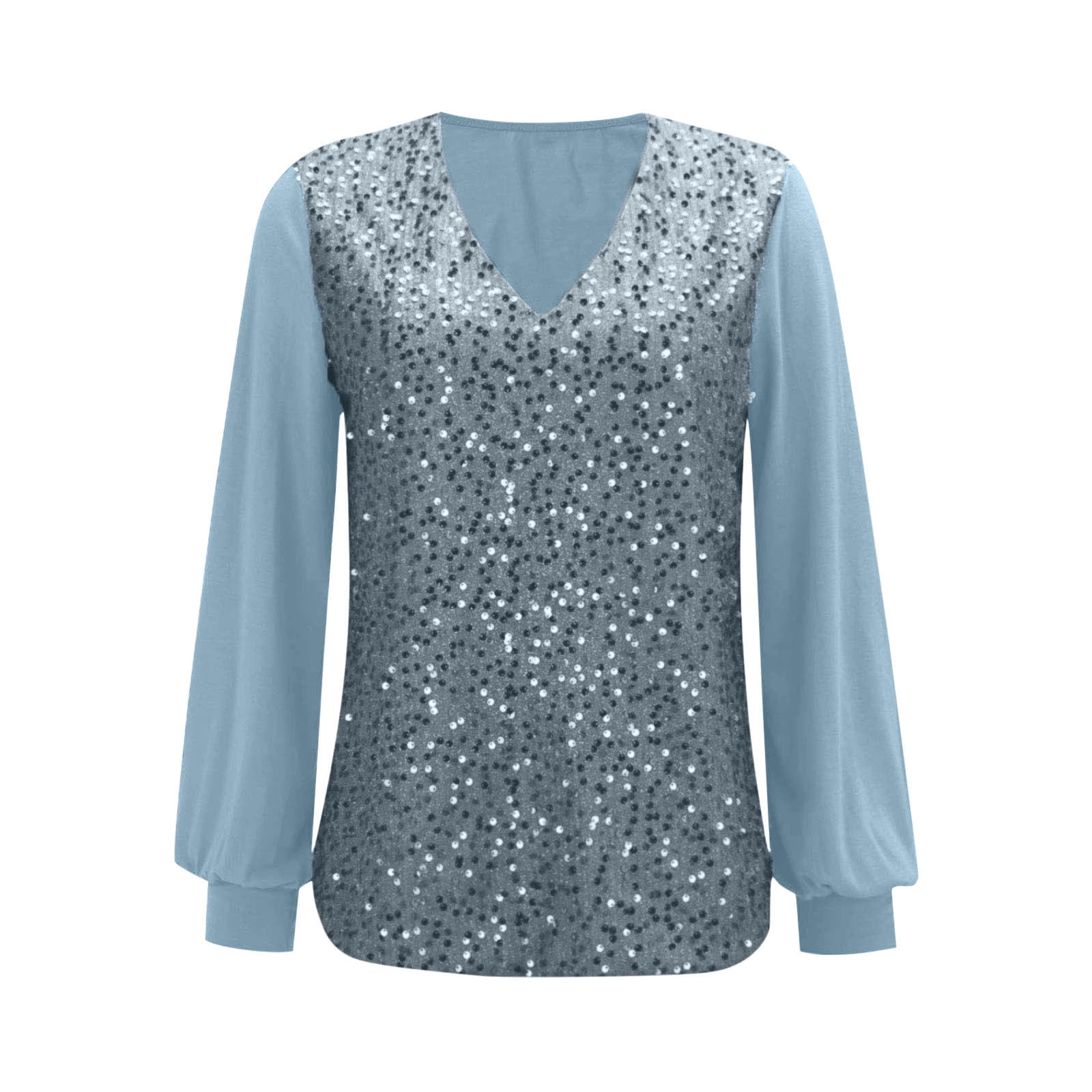 Lovskoo Sequin Splicing V-Neck T-Shirt Women Sparkly Glitter
