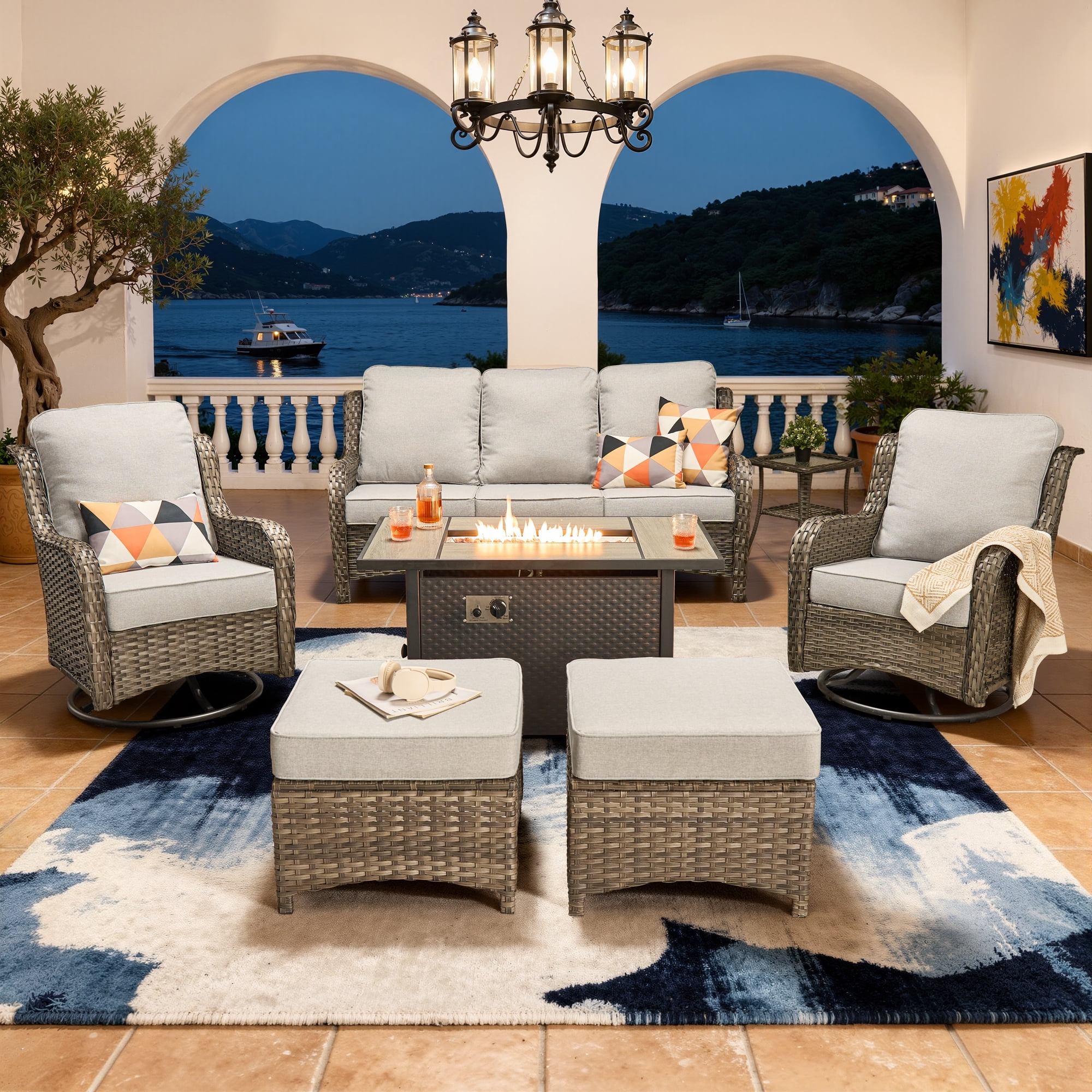 Vcatnet Outdoor Patio Furniture with Fire Pit 7 Pieces Sectioal Sofa All Weather Wicker High-Back Conversation Set with Swivel Glider Rockers, Gray