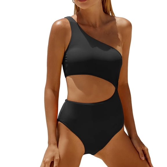 Women's One Piece Swimsuit- One Shoulder Bathing Suit Cutout Swimwear Black S