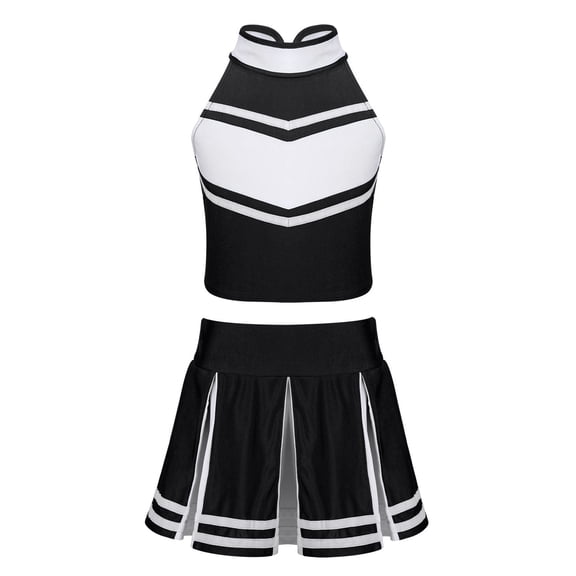 Aislor Girls Cheerleading Uniform Stage Suit Sleeveless Crop Top with Pleated Skirt Set Costume Black 8