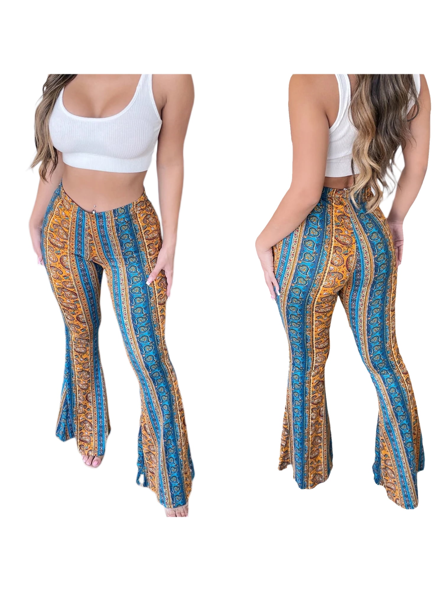 Lamuusaa Women's Boho High Waist Flare Pants Stretch Bell Bottom Yoga Pants  Hippie Flared Leggings 70s Palazzo Pants Trousers Plus Size S-3XL 