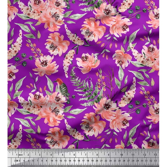 Soimoi Purple Silk Fabric Woodpecker & Peony Floral Fabric Prints By Yard 42 Inch Wide
